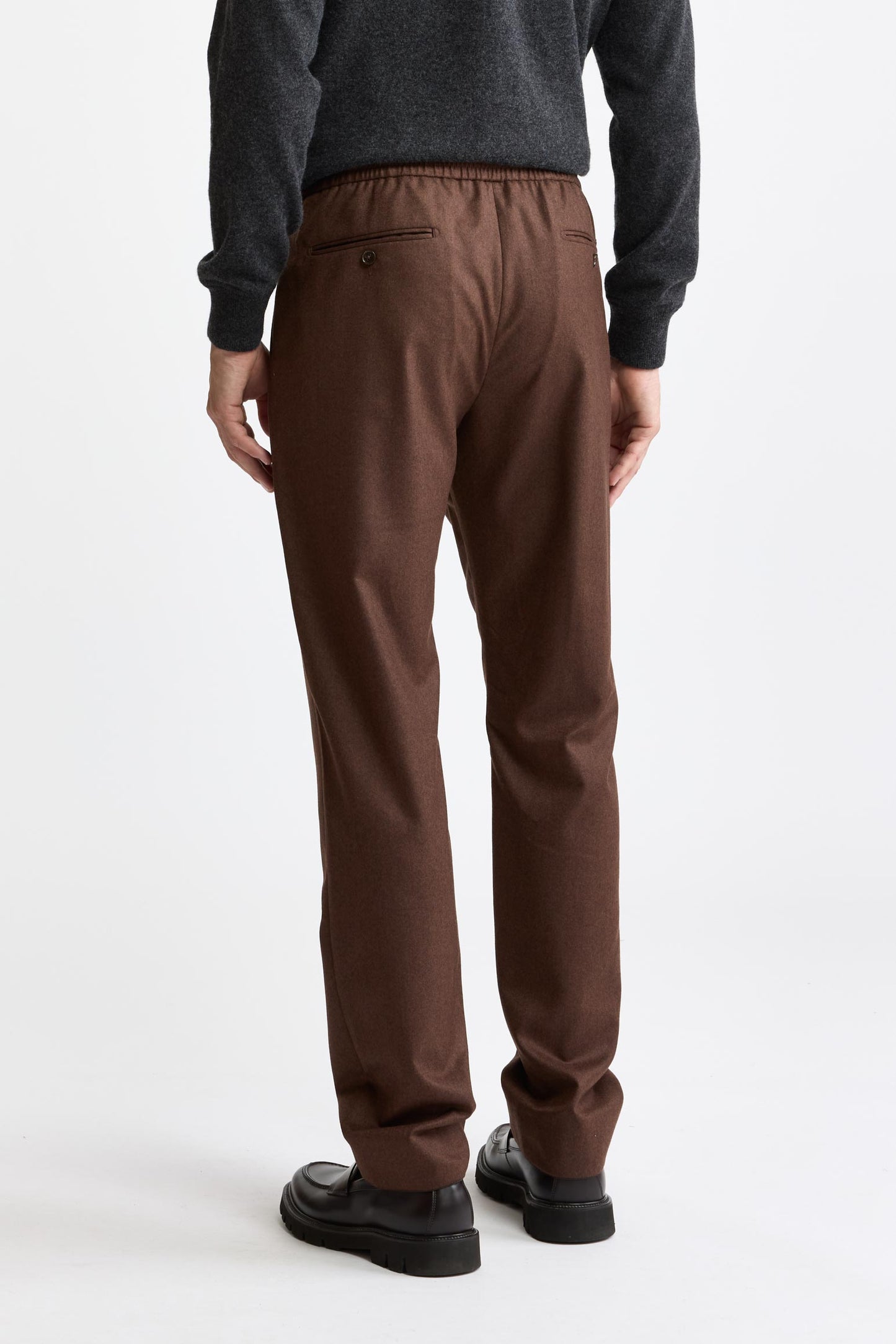 Medium Brown 100% Wool Super 100's Drawstring Trousers Flannel & Saxony