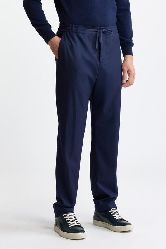 Pantalon bleu foncé 100 % laine Super 100's à cordon de serrage, en flanelle et saxony