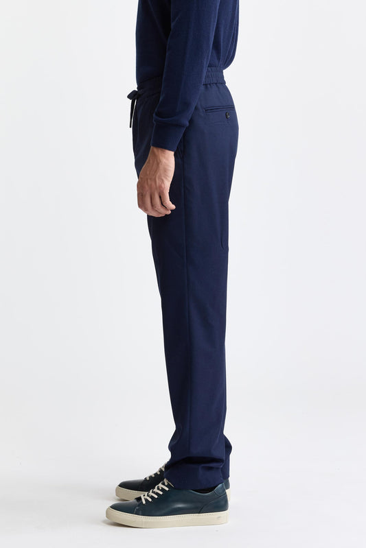 Pantalon bleu foncé 100 % laine Super 100's à cordon de serrage, en flanelle et saxony