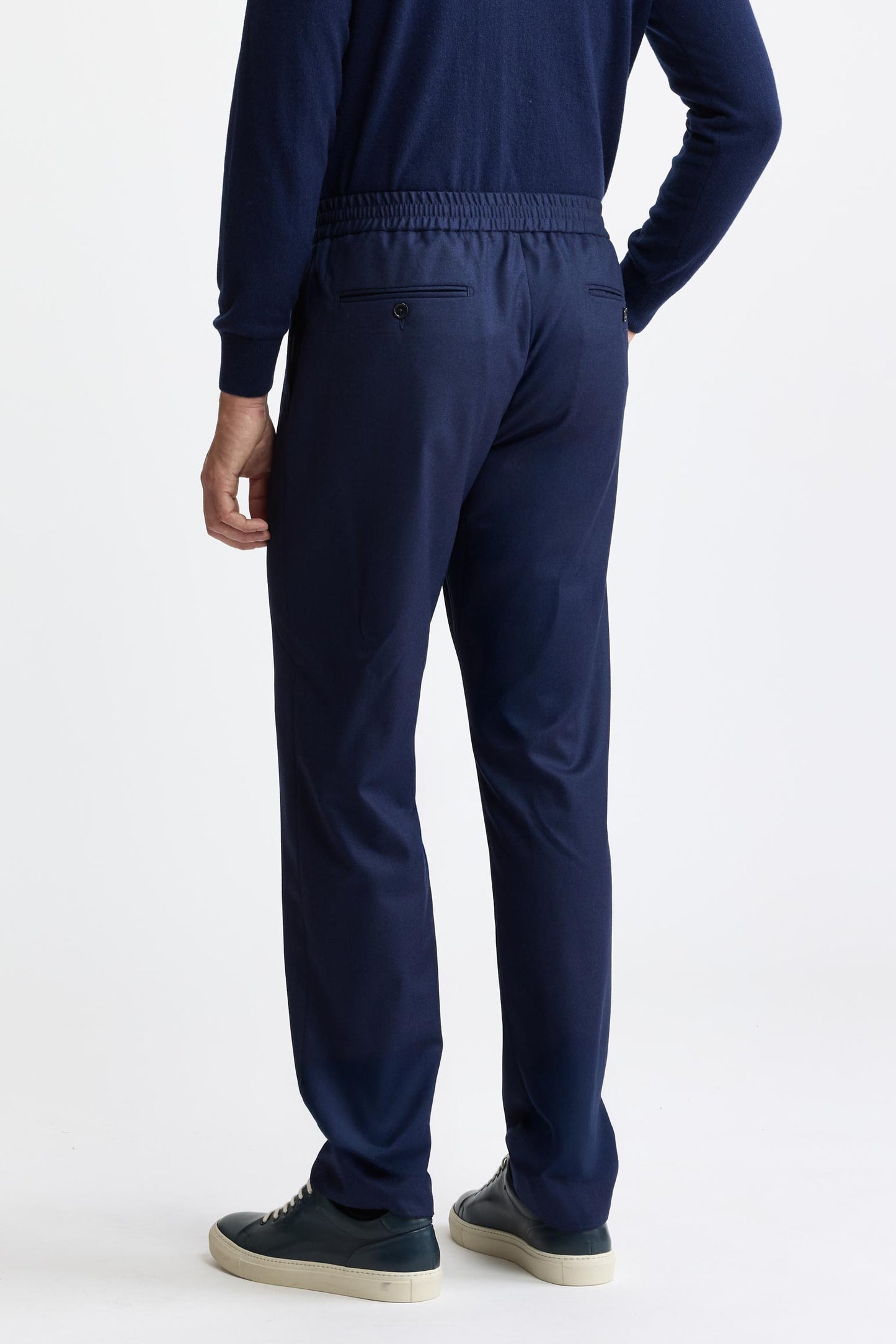 Dark Blue 100% Wool Super 100's Drawstring Trousers Flannel & Saxony