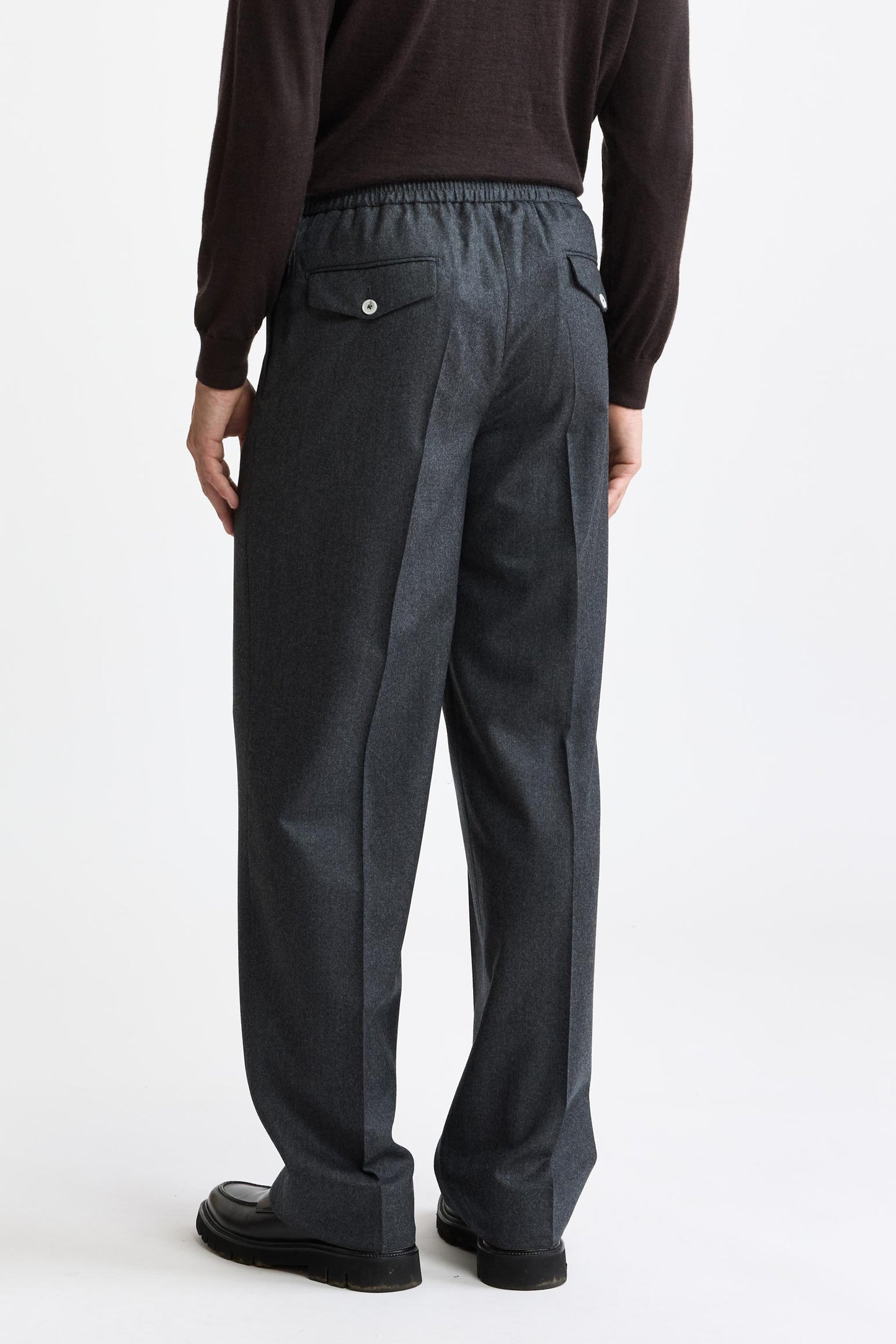 Medium Grey 100% Wool Super 100's Drawstring Trousers Flannel & Saxony