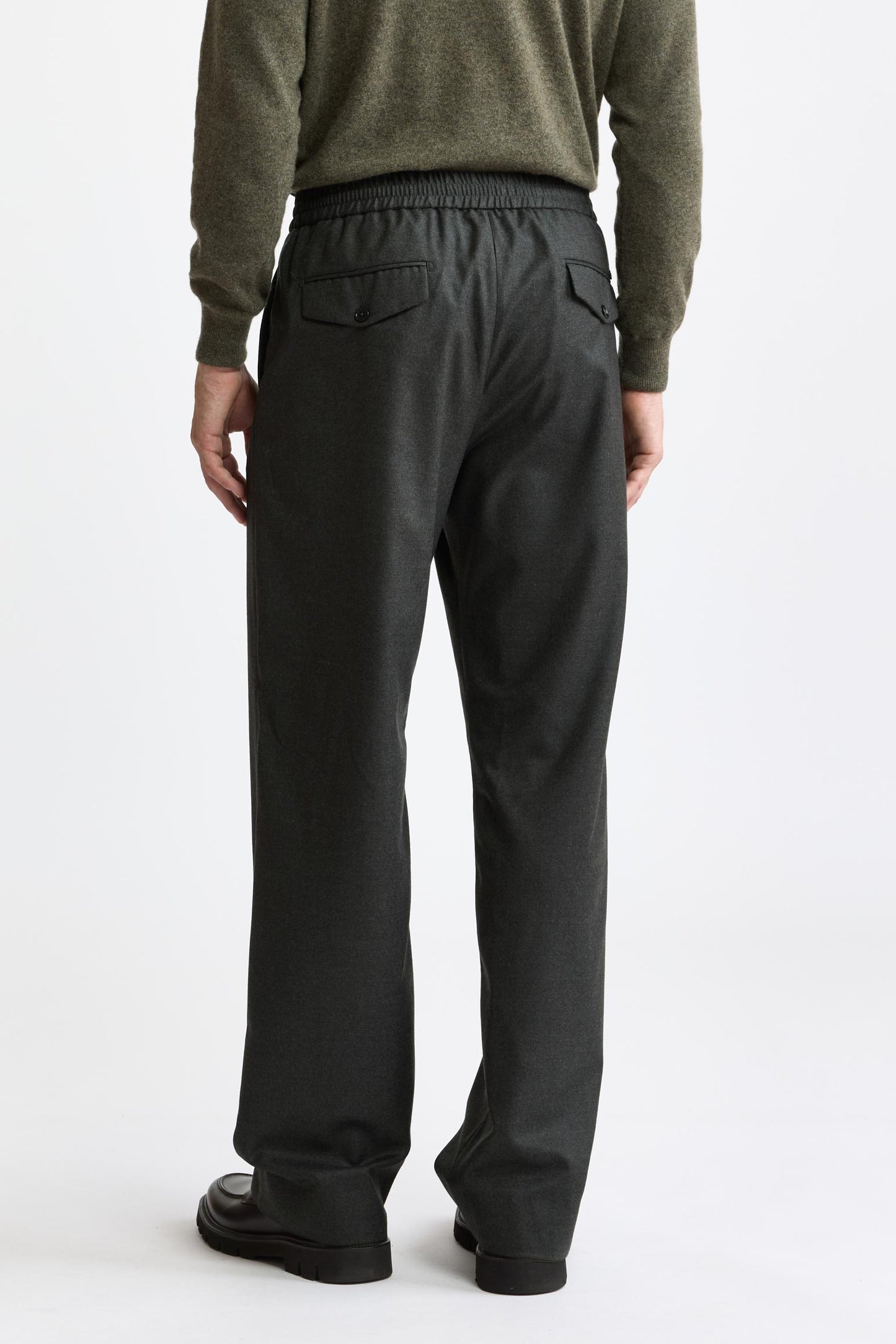 Green 100% Wool Super 100's Drawstring Trousers Flannel & Saxony