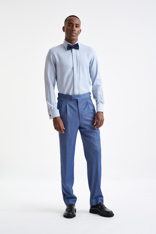 Medium Blue Melange Cotton & Cashmere Twill Formal Shirt - View Two