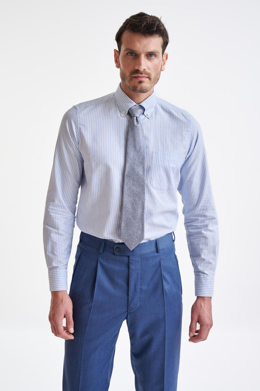 Stripped Blue & White 100% Cotton Oxford Formal Shirt - View One