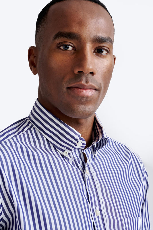 Stripped Dark Blue 100% Cotton Poplin Formal Shirt - View Three