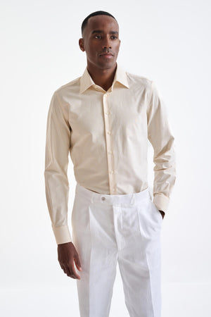 Stripped White & Yellow 100% Cotton Fine Twill Formal Shirt - View One