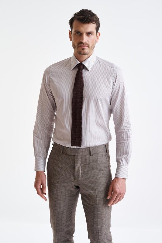 Stripped White & Brown 100% Cotton Herringbone Formal Shirt - View One