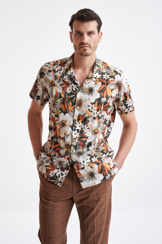 Brown Cotton & Silk Jacquard Casual Shirt - View One