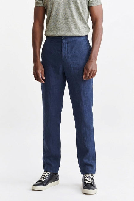 Dark Blue 100% Linen Drawstring Trousers Pure Linen - 2