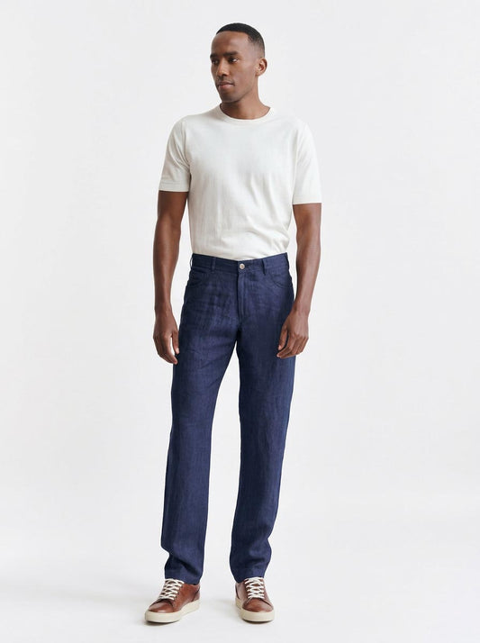 Dunkelblaue 100 % Leinen Fünf-Taschen-Hose Pure Linen