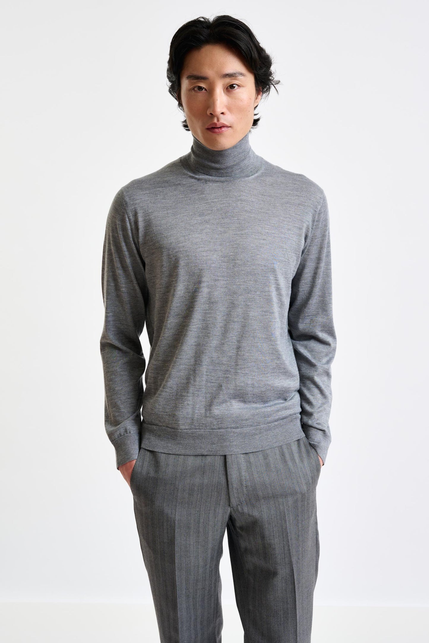 Mid Grey Cashmere Merino Silk Blend Telford Turtleneck Sweater - View 1