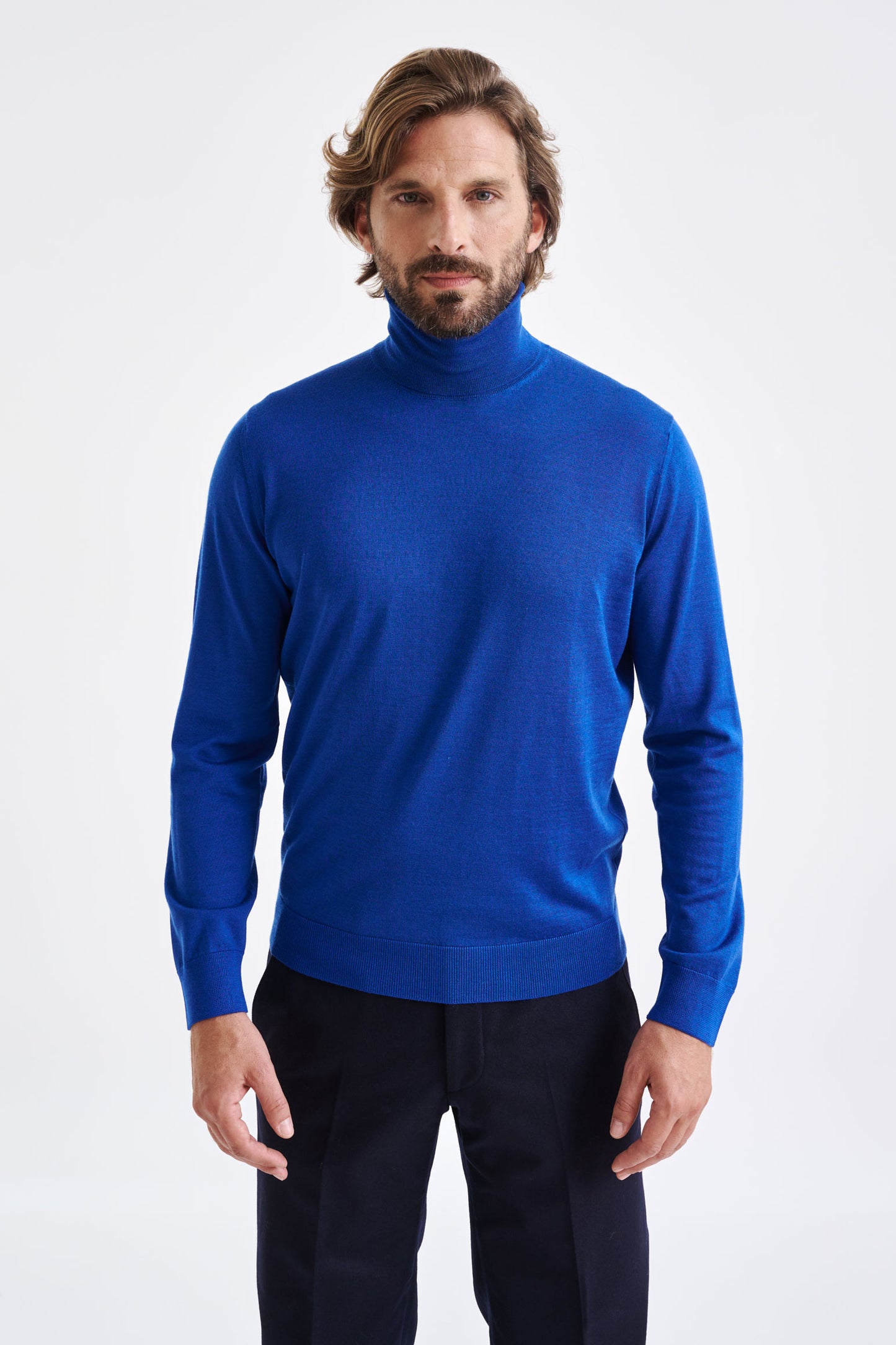 Jersey Telford de cuello alto en mezcla de seda merino y cachemira azul galactic