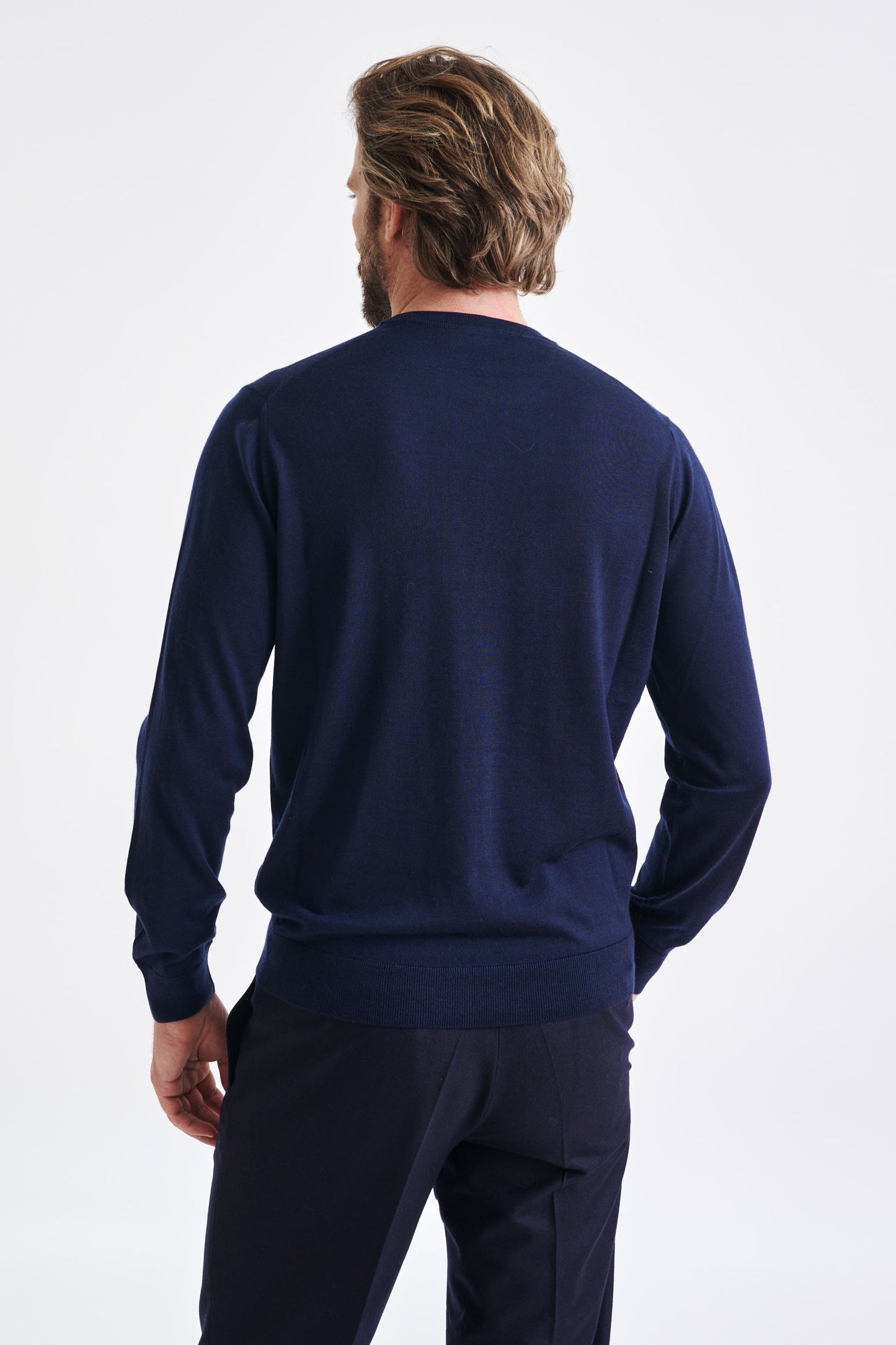 Marineblauer Crewe-Pullover aus Kaschmir-Merino-Seiden-Mischung