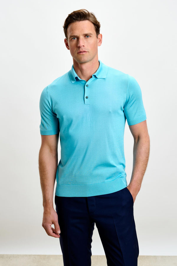 Turquoise Blue Silk Knitted Kendal Short Sleeve 3 Button Polo Shirt
