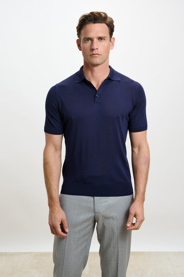 Marineblauw Zijden Gebreid Kendal Poloshirt Met Korte Mouwen En 3 Knopen