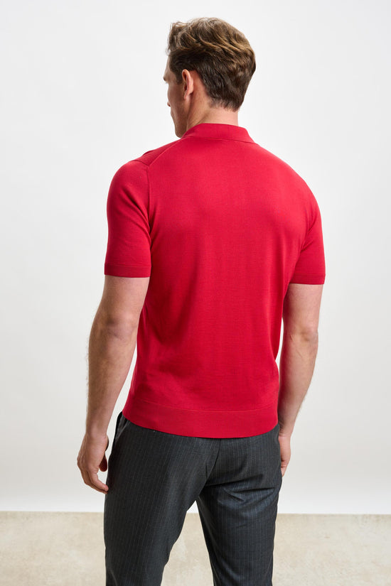 Kendal Silk Knitted Short Sleeve 3 Button Polo Shirt Carmine - View 4