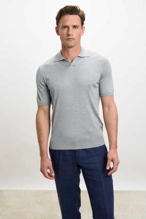 Cawdor Silk Knitted Short Sleeve Open Collar Polo Shirt Grey - View 2