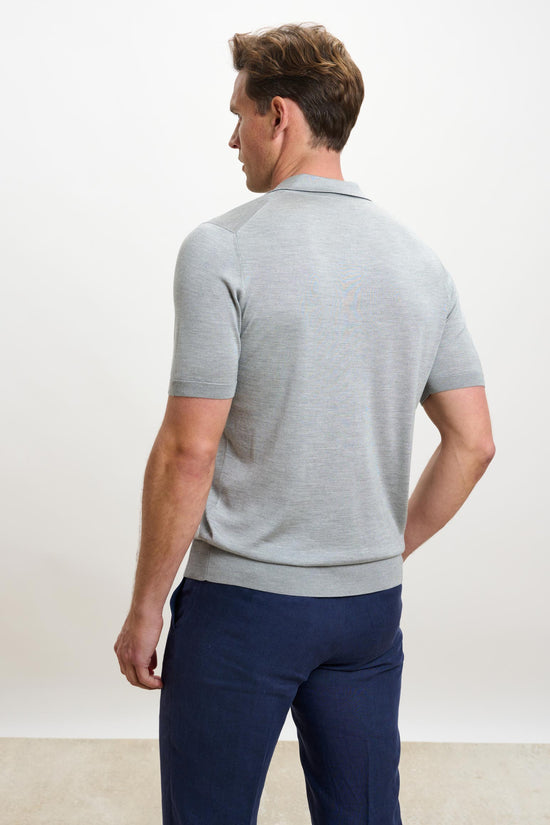 Cawdor Silk Knitted Short Sleeve Open Collar Polo Shirt Grey - View 4