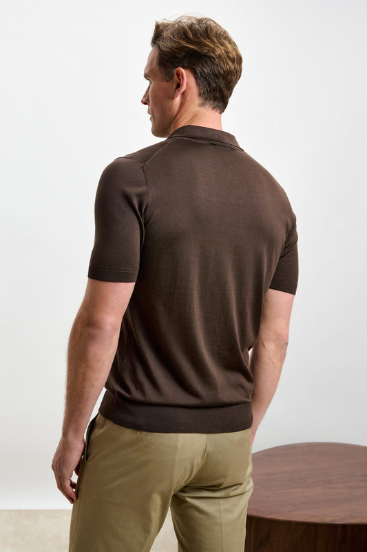 Cawdor Silk Knitted Short Sleeve Open Collar Polo Shirt Chocolate - View 3