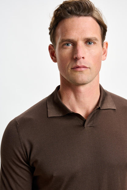 Cawdor Silk Knitted Short Sleeve Open Collar Polo Shirt Chocolate - View 5