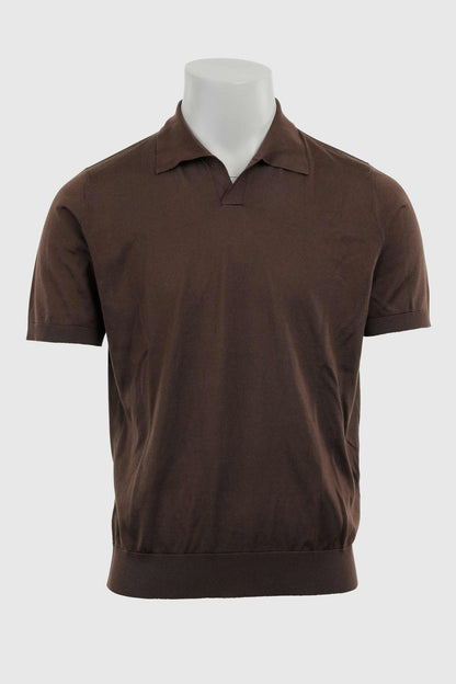 Cawdor Silk Knitted Short Sleeve Open Collar Polo Shirt Chocolate - View 6