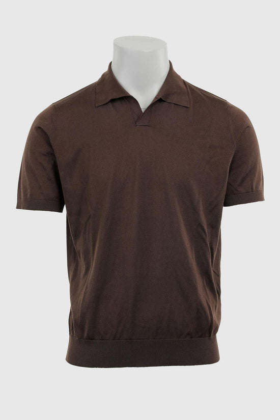 Cawdor Silk Knitted Short Sleeve Open Collar Polo Shirt Chocolate - View 6