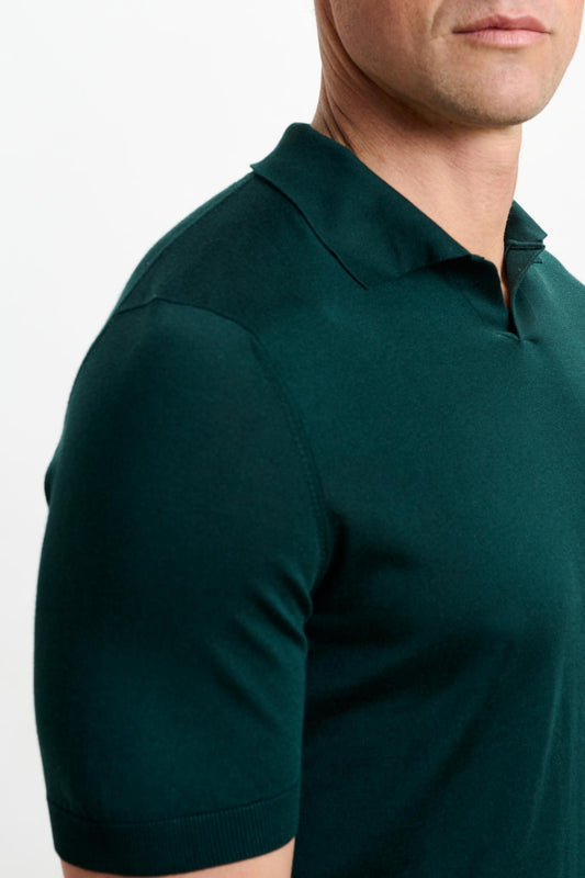 Cawdor Silk Knitted Short Sleeve Open Collar Polo Shirt Petrol Green - View 3