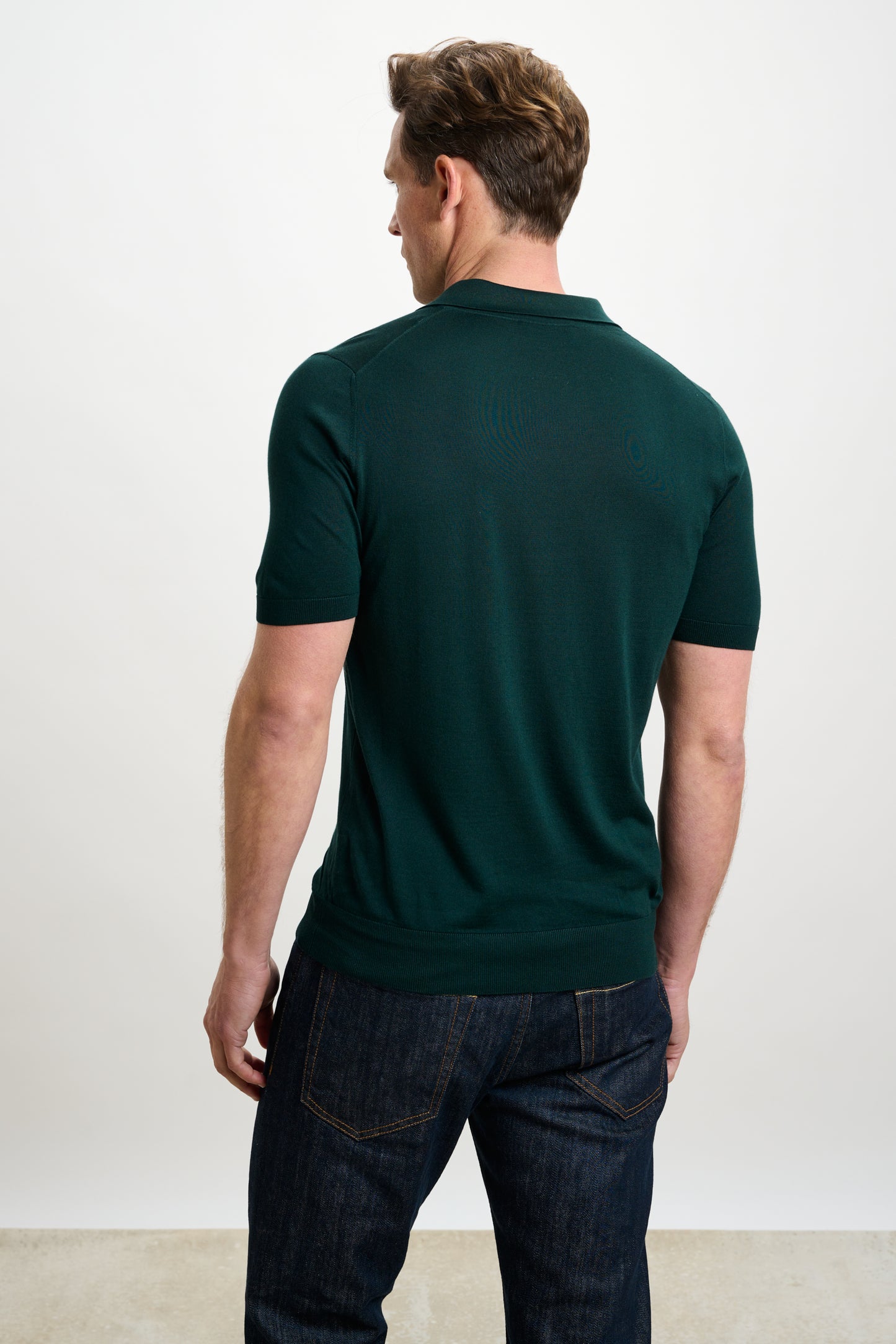 Cawdor Silk Knitted Short Sleeve Open Collar Polo Shirt Petrol Green
