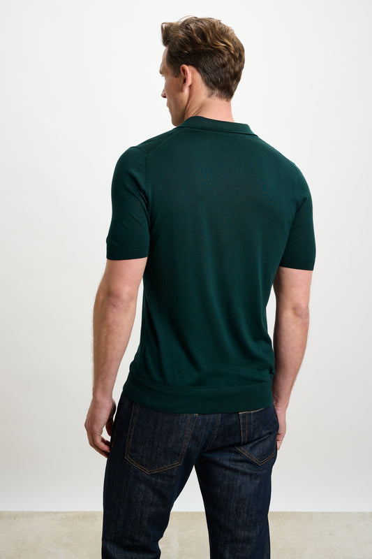 Cawdor Silk Knitted Short Sleeve Open Collar Polo Shirt Petrol Green - View 4