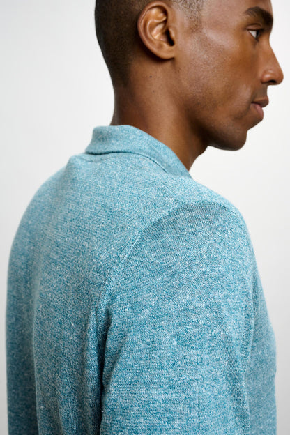 Cawdor Silk Knitted Short Sleeve Open Collar Polo Shirt Turquoise Blue - View 5