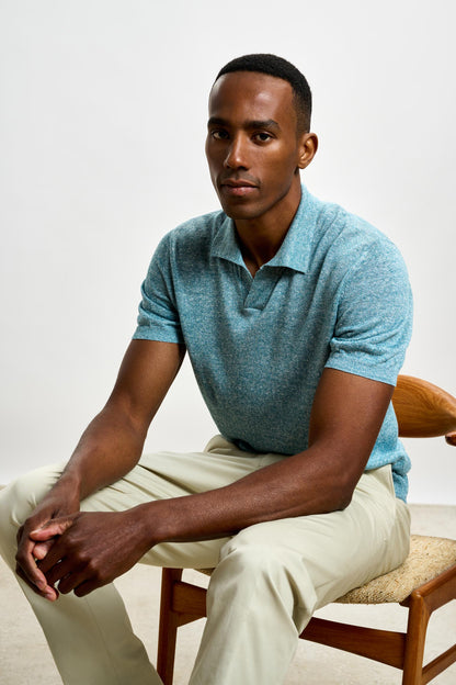 Cawdor Silk Knitted Short Sleeve Open Collar Polo Shirt Turquoise Blue - View 6