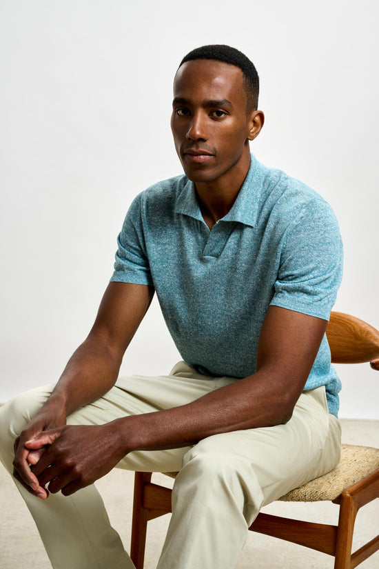 Cawdor Silk Knitted Short Sleeve Open Collar Polo Shirt Turquoise Blue - View 6