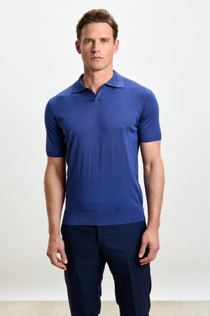 Cawdor Silk Knitted Short Sleeve Open Collar Polo Shirt Navy - View 2