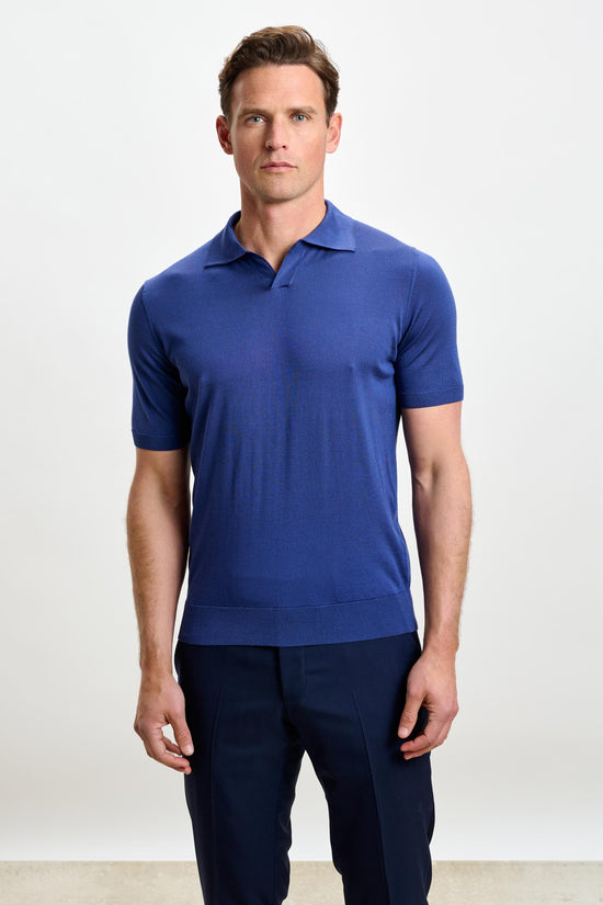 Cawdor Silk Knitted Short Sleeve Open Collar Polo Shirt Navy - View 2