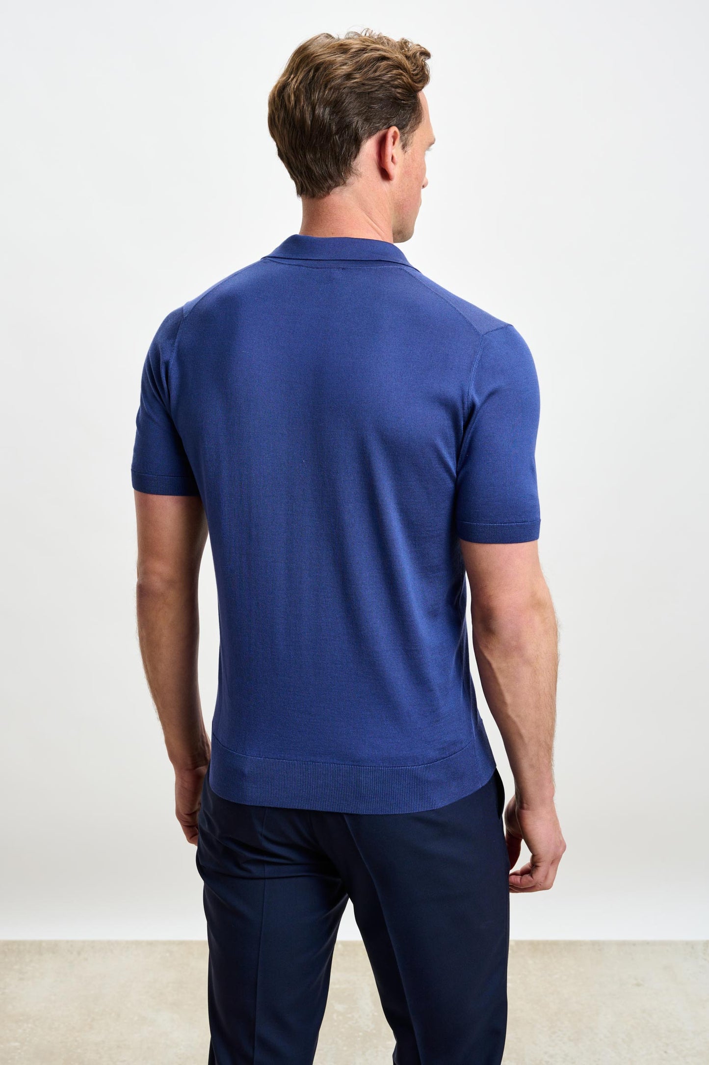 Cawdor Seidenstrick-Kurzarm-Poloshirt mit offenem Kragen, Marineblau