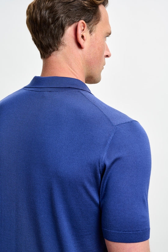Cawdor Silk Knitted Short Sleeve Open Collar Polo Shirt Navy - View 5