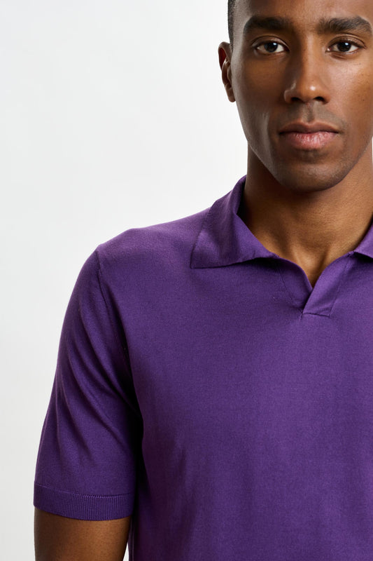 Cawdor Silk Knitted Short Sleeve Open Collar Polo Shirt Violet - View 2