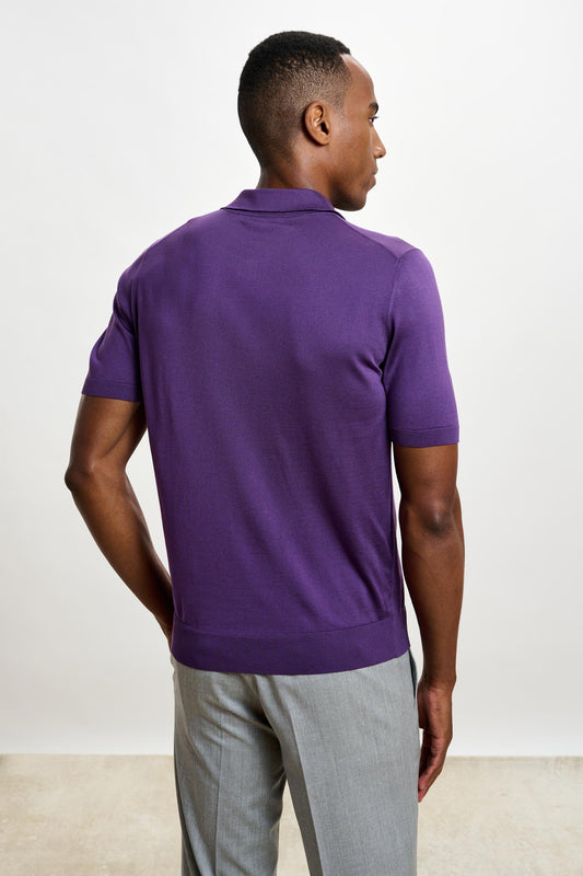 Cawdor Silk Knitted Short Sleeve Open Collar Polo Shirt Violet - View 3