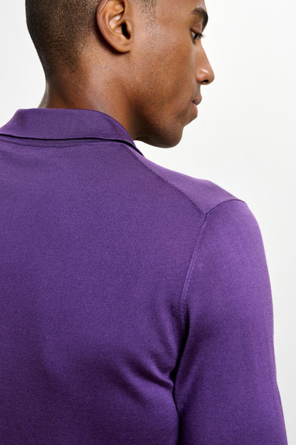 Cawdor Silk Knitted Short Sleeve Open Collar Polo Shirt Violet - View 4