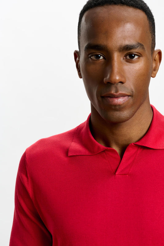 Cawdor Silk Knitted Short Sleeve Open Collar Polo Shirt Carmine - View 3