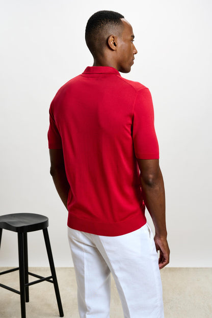 Cawdor Silk Knitted Short Sleeve Open Collar Polo Shirt Carmine - View 4
