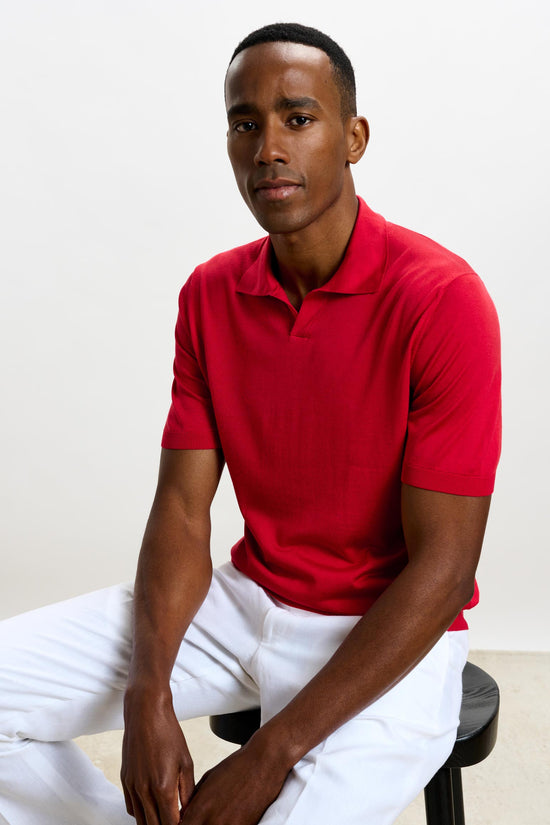 Cawdor Silk Knitted Short Sleeve Open Collar Polo Shirt Carmine - View 6
