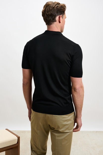 Cawdor Silk Knitted Short Sleeve Open Collar Polo Shirt Black - View 3