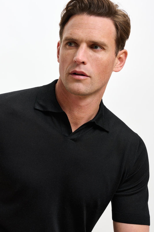 Cawdor Silk Knitted Short Sleeve Open Collar Polo Shirt Black - View 4