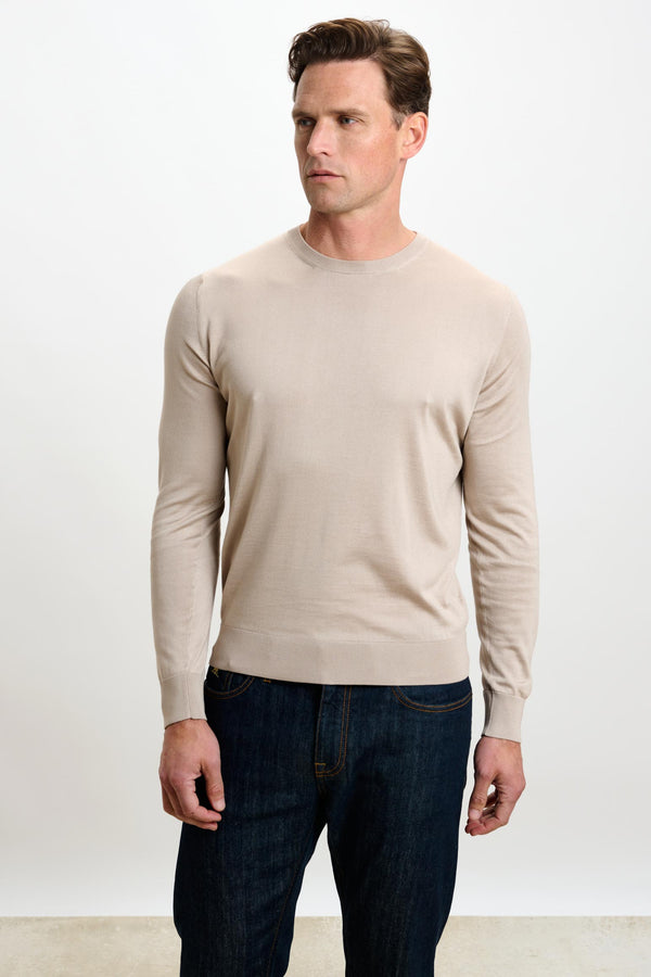 Beigefarbener Crewe-Langarmpullover Aus Seide