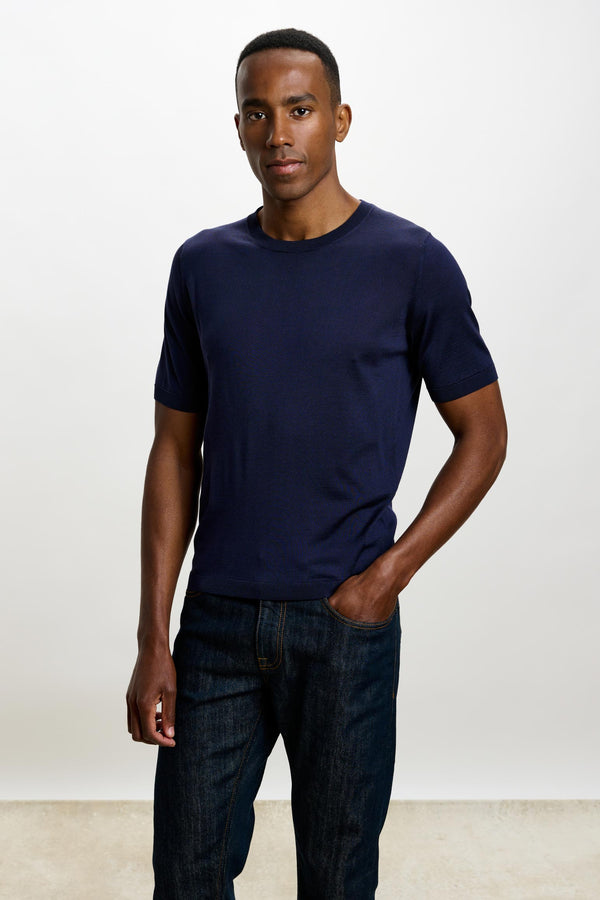 Midnight Blue Silk Penryn Short Sleeve Sweater