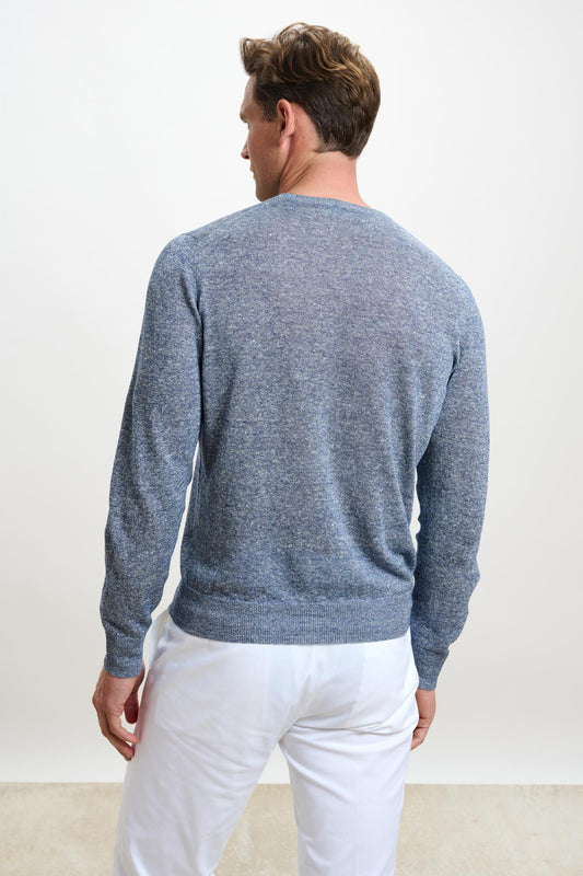 Linen Cotton Contin Knitwear Crew Navy Melange - View 3