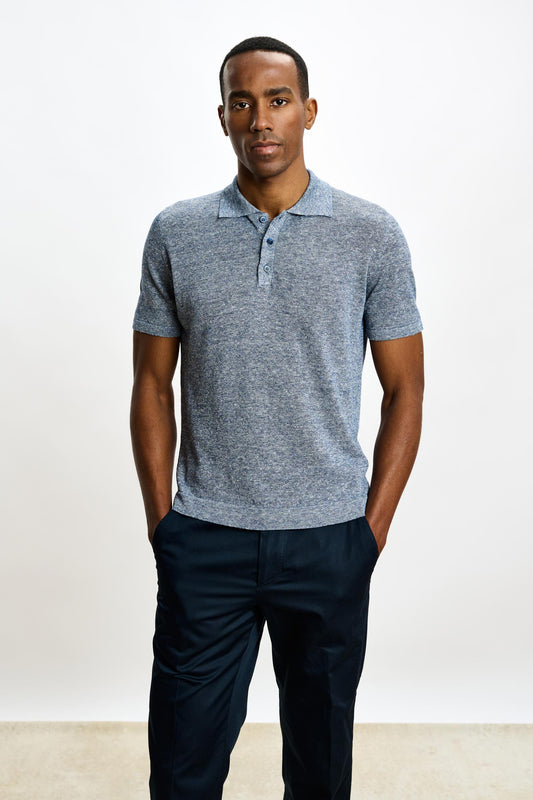 Linen Cotton Kelso Knitwear Polo Navy - View 2