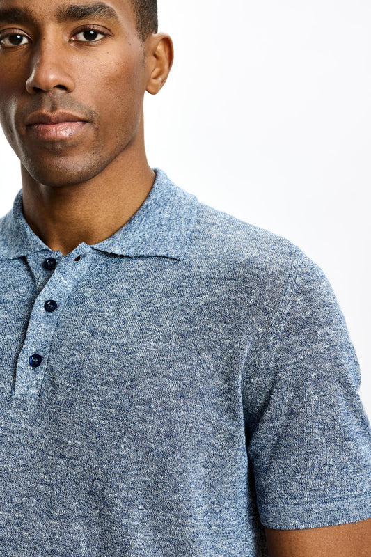 Linen Cotton Kelso Knitwear Polo Navy - View 3