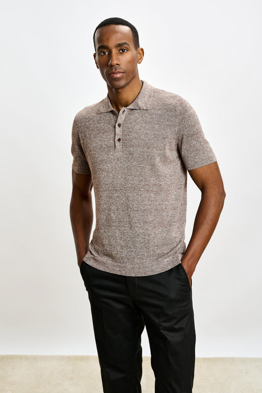 Linen Cotton Kelso Knitwear Polo Brown - View 2